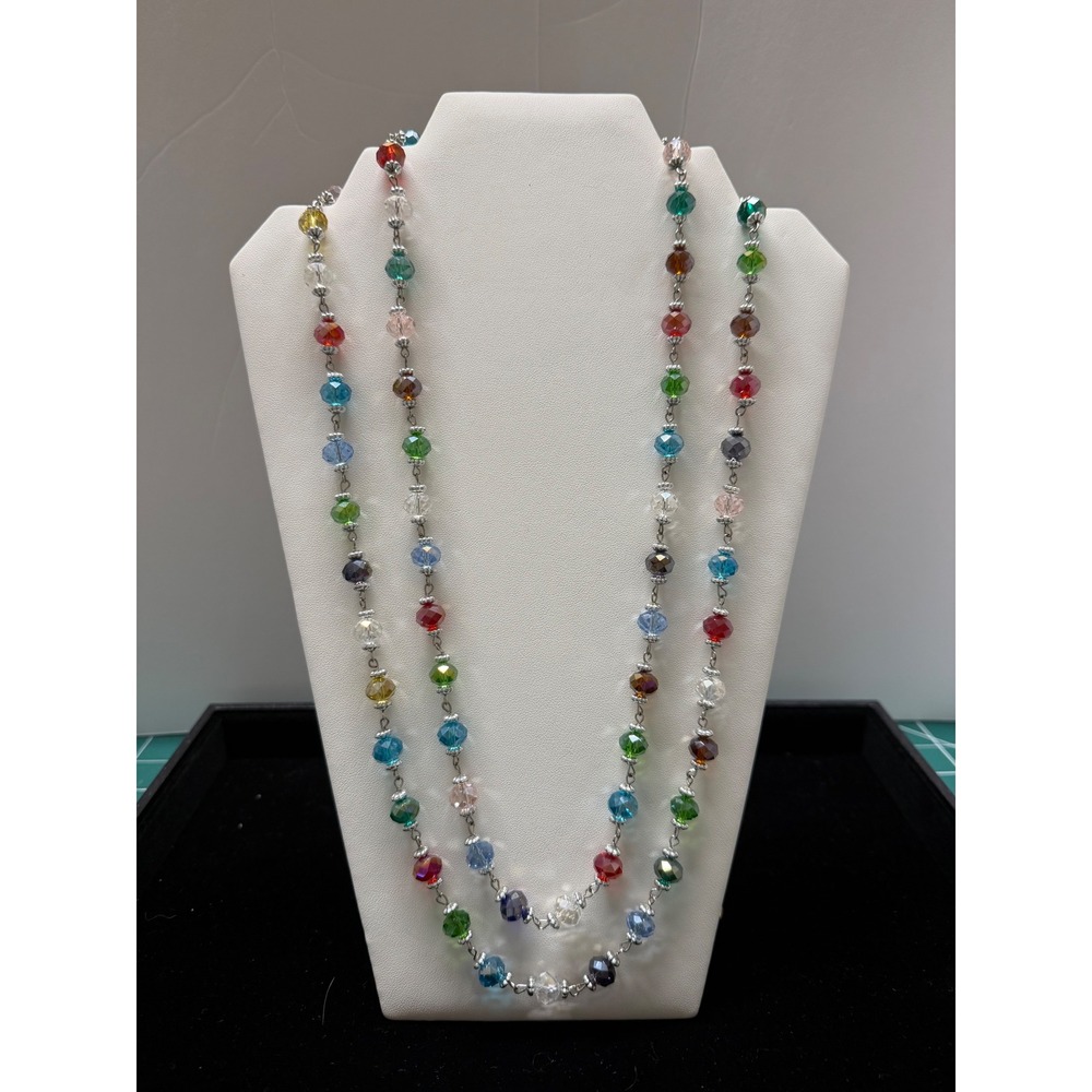 Multicolor Faceted Crystal Bead Station Necklace Silver‎ Tone Adjustable Crown